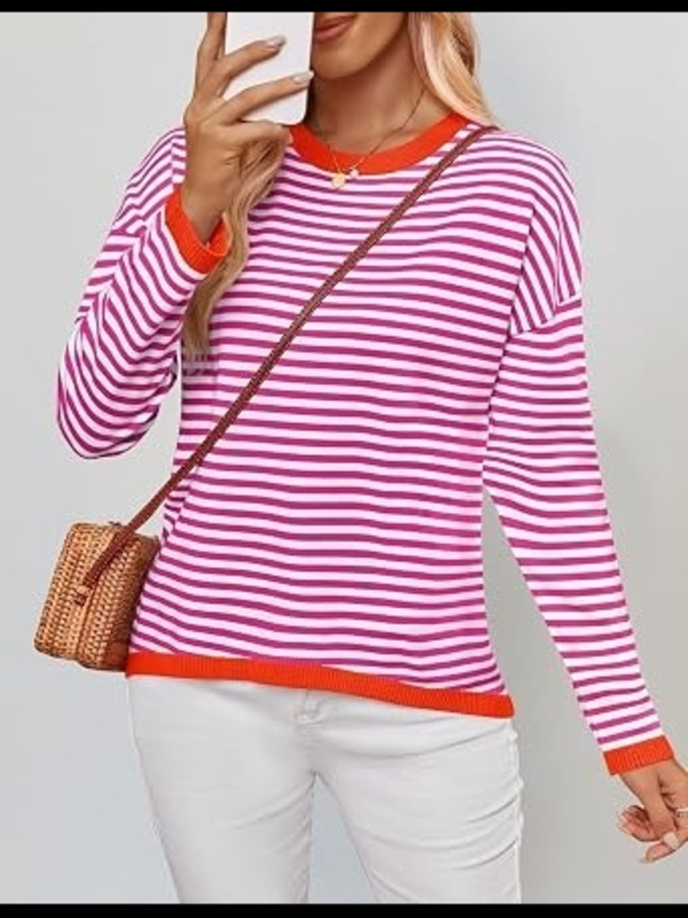 Striped Pink & White Crewneck Sweater with Orange Trim